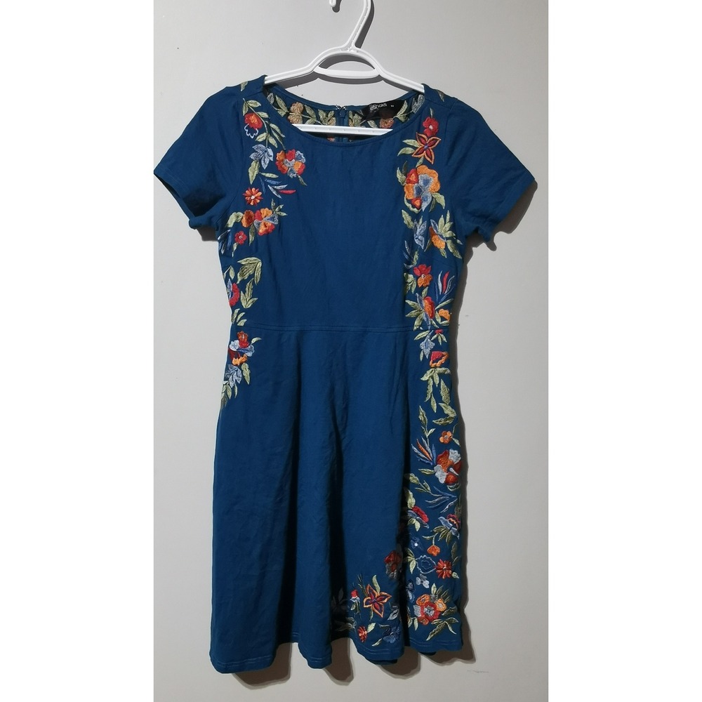 eShakti Blue Floral Embroidered Fit Flare Dress Short Sleeve Cotton Stretch S 6